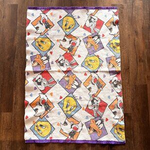 Vtg 1992 Looney Tunes Blanket Satin Trim 41x60" Tweety Bugs Sylvester Daffy USA